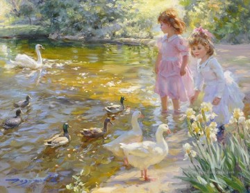 petites filles et canards oies enfant Peinture à l'huile